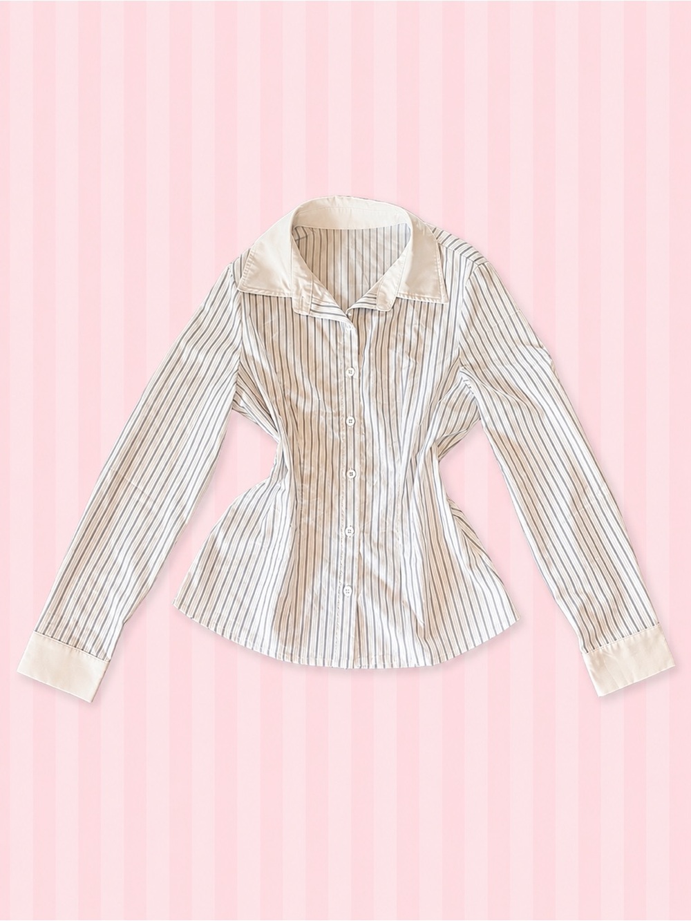 SHEIN White Gray Pinstripe Fitted Button Down Shirt Office Siren Size M